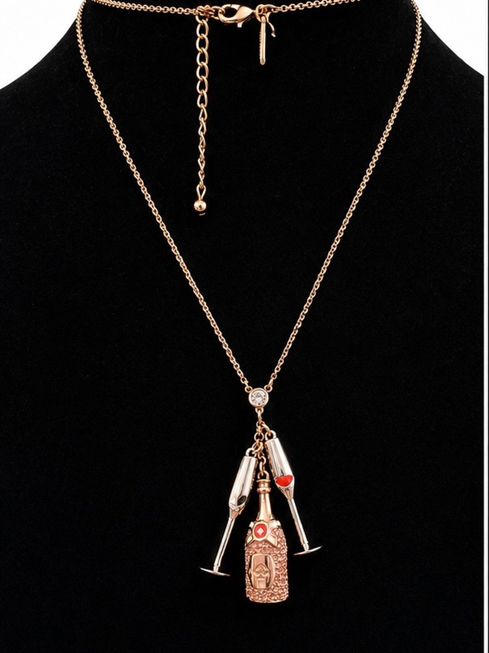 kate spade Rose Gold Bottle & Flute Charm Necklace with Red Enamel